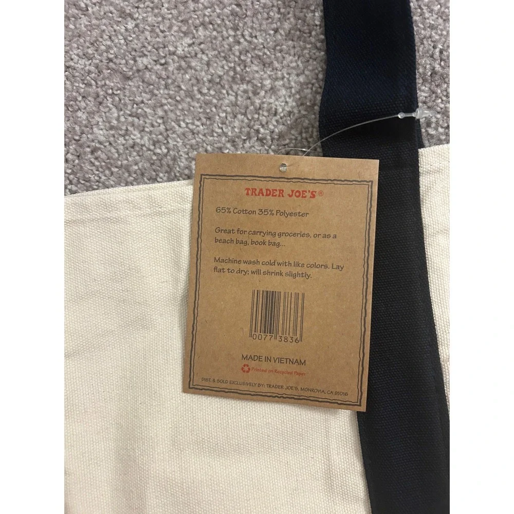 Trader Joe's Reusable Tote Bag Unisex Large Navy Blue Cream NEW Canvas Grocery